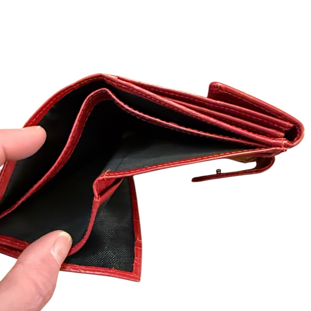 Red Croc-Embossed Leather RFID Wallet Organizer Accordion Multi Compartment Snap - Picture 10 of 13